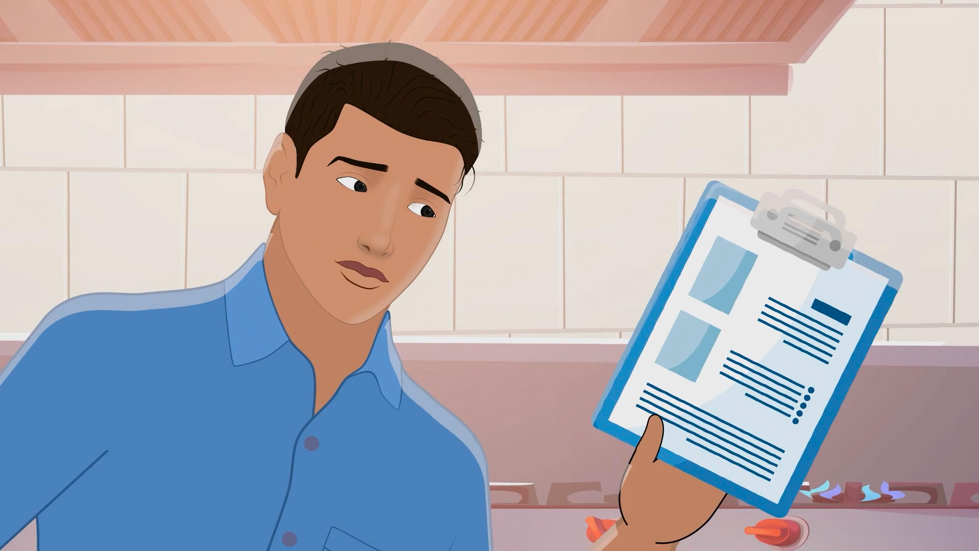 Close-up animated vector illustration of a man in a blue shirt anxiously inspecting a clipboard with document details in a kitchen, designed by Design Noon in Washington DC