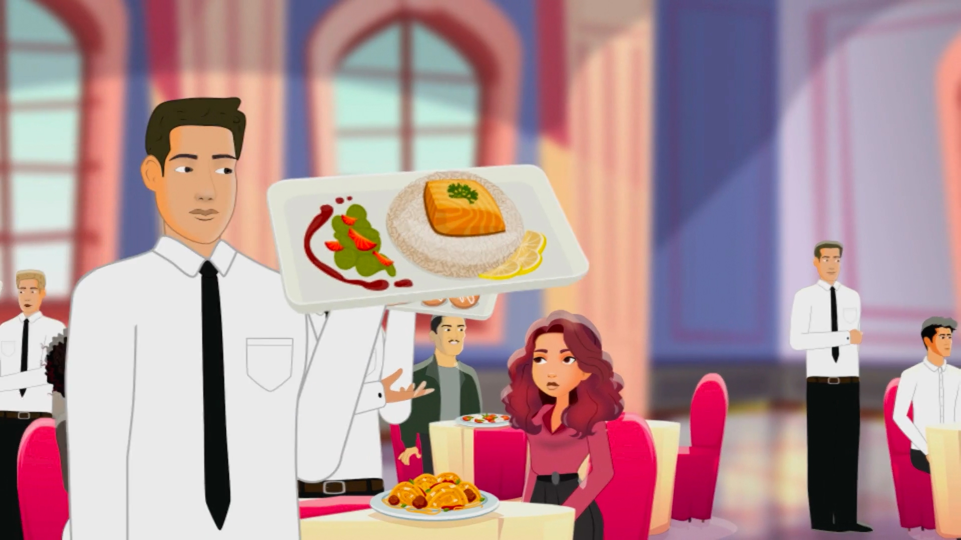 Animated 2D vector scene of a waiter holding a tray with a plated salmon entree in a formal dining hall, designed by Design Noon in Washington DC