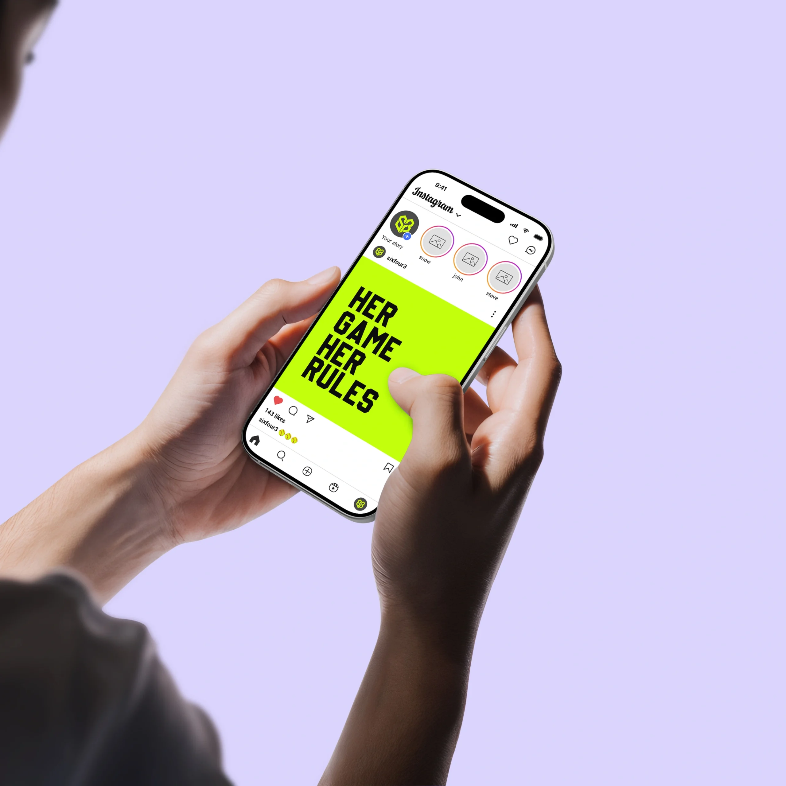 SixFour3 Instagram social media feed post mockup on smartphone held by hand designed by Washington DC creative agency Design Noon