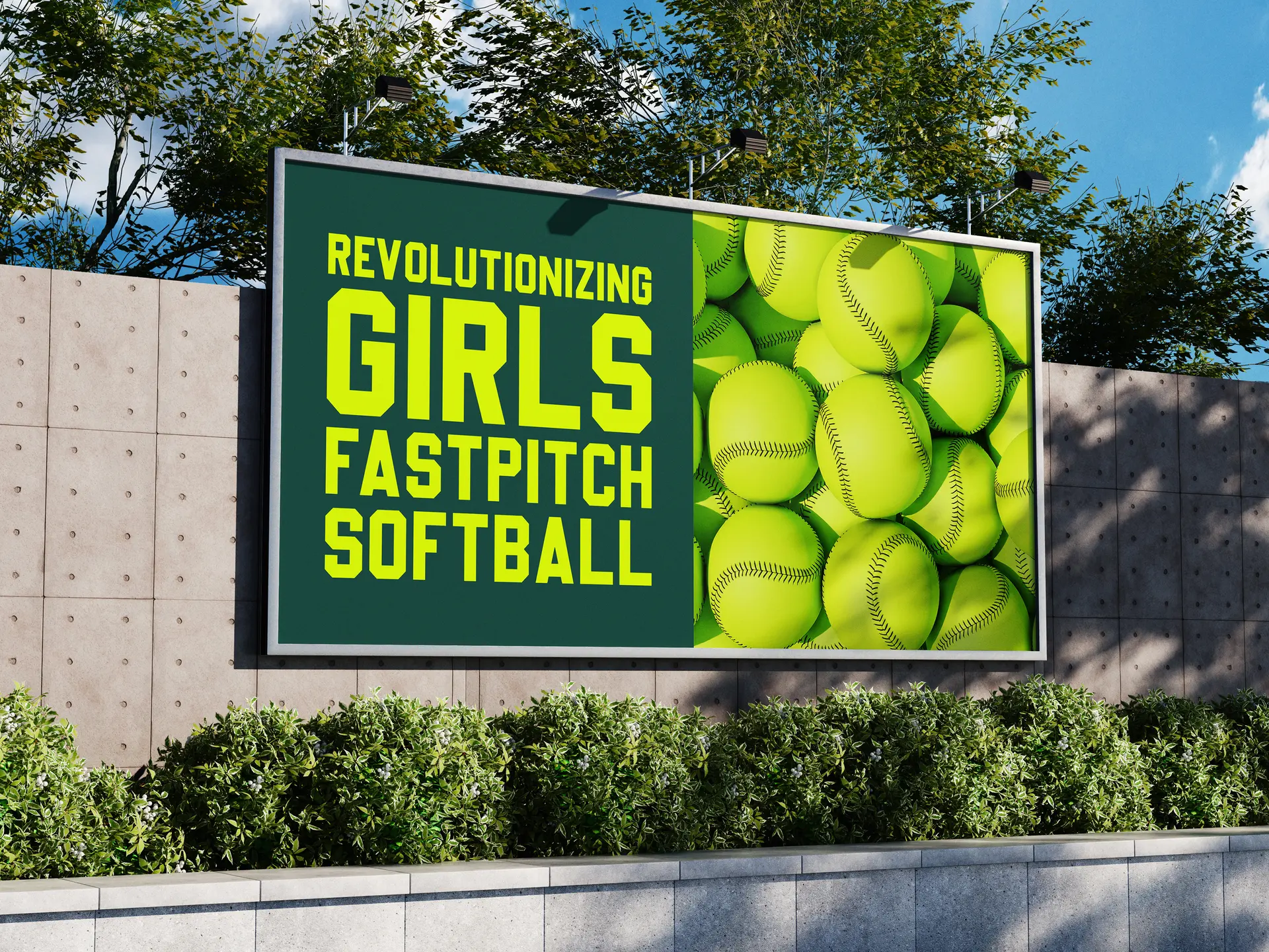 SixFour3 outdoor billboard signage with Revolutionizing Girls Fastpitch Softball headline designed by Washington DC creative agency Design Noon