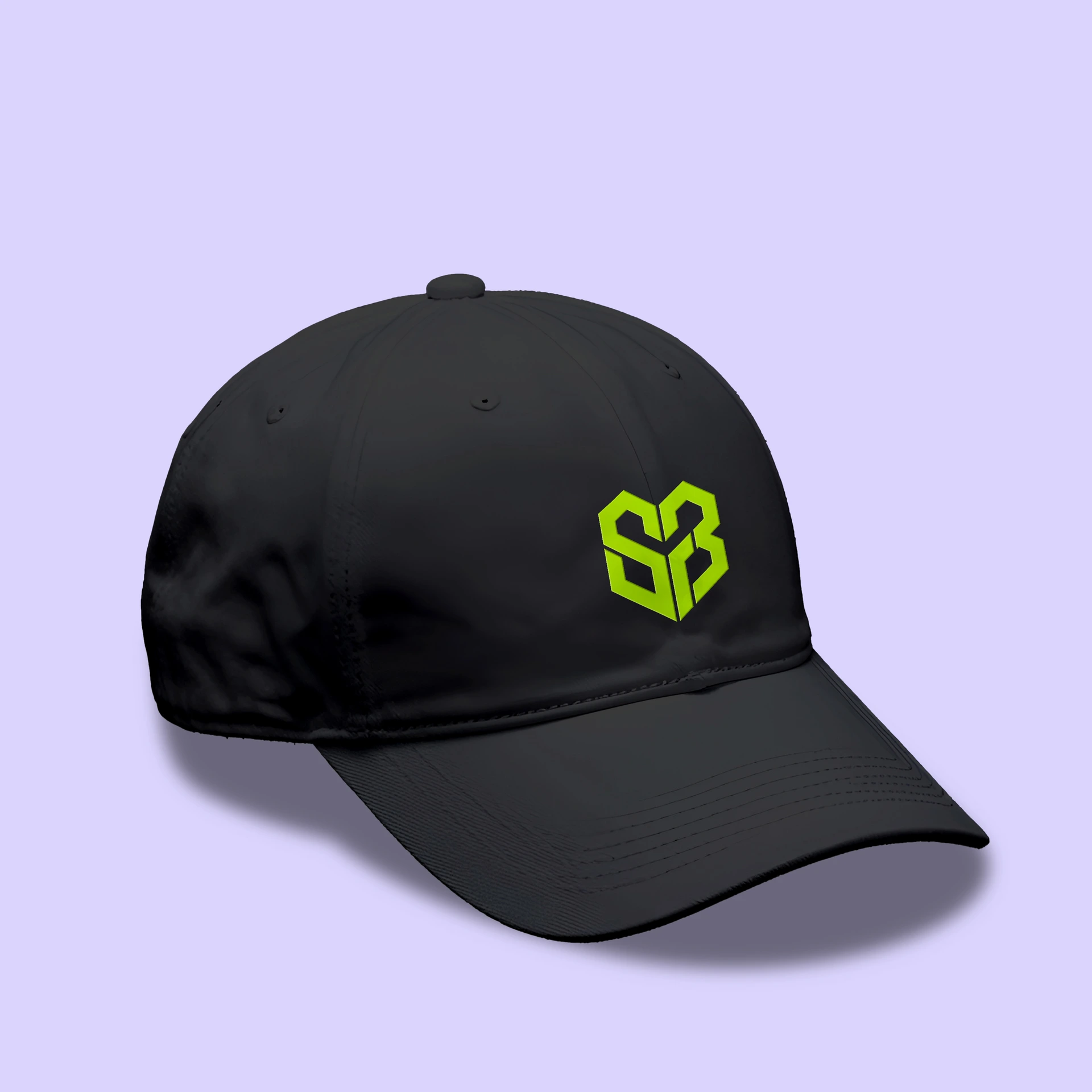 SixFour3 custom black baseball cap with neon yellow geometric monogram designed by Washington DC creative agency Design Noon