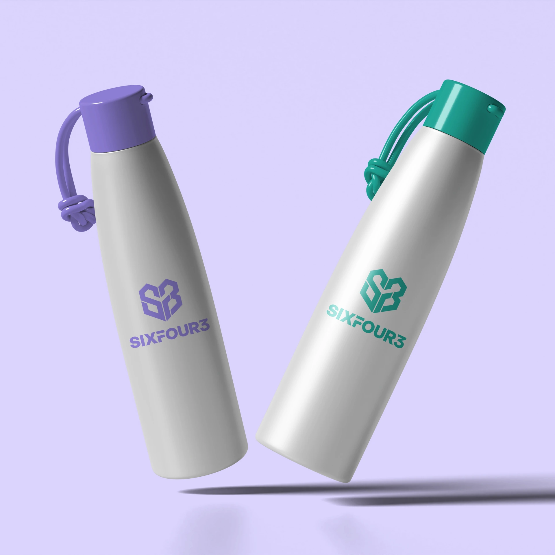 SixFour3 custom white stainless steel tumblers with purple and teal caps designed by Washington DC creative agency Design Noon
