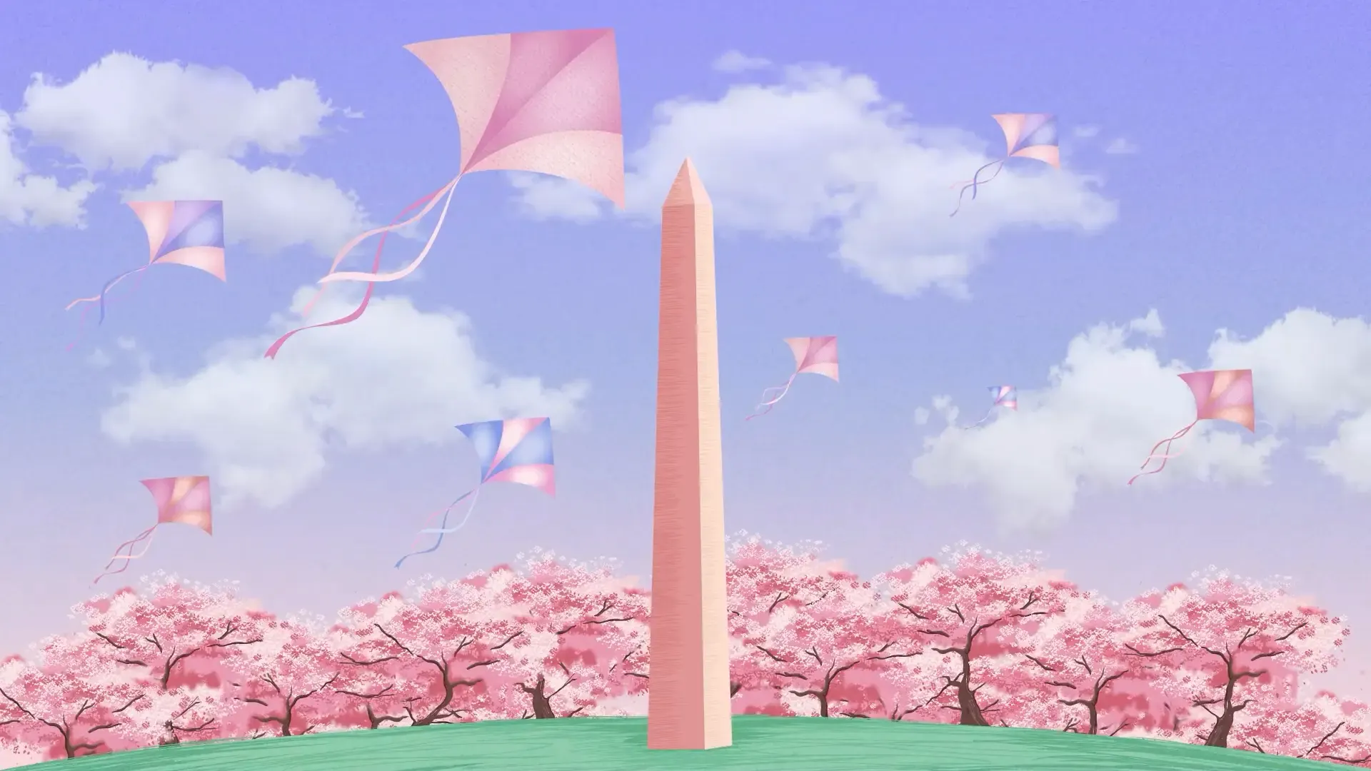 DC Cherry Blossom Festival 2D animation artwork showing Washington Monument and kites created by Washington DC creative agency Design Noon work portfolio
