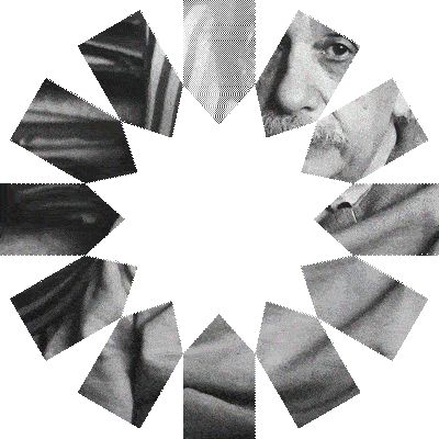 Animated rotating sunburst or star-shaped logo icon composed of segmented grayscale image pieces, designed by Design Noon in Washington DC