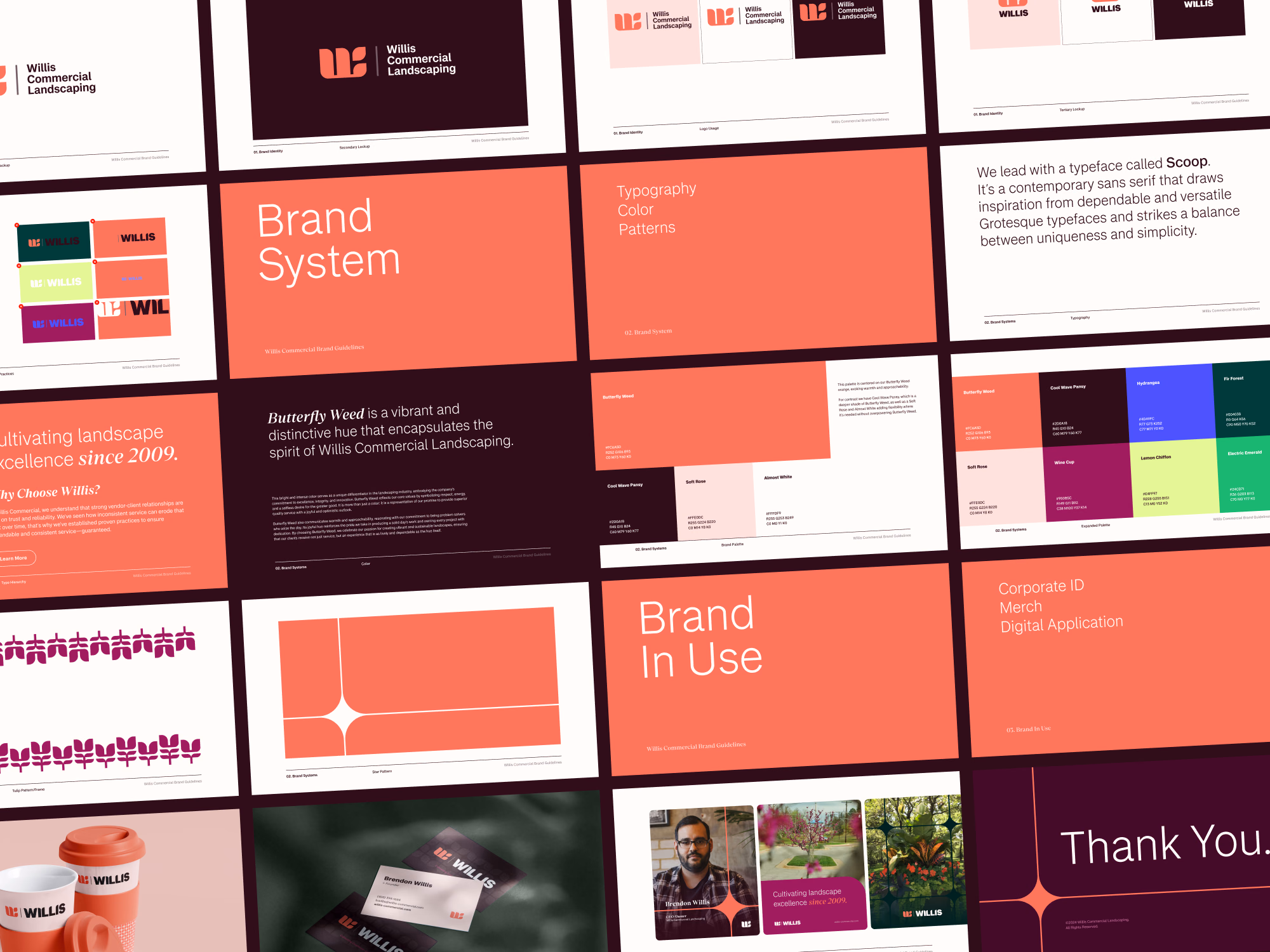 Willis Commercial Landscaping brand guidelines presentation deck showing grid layout of identity system slides