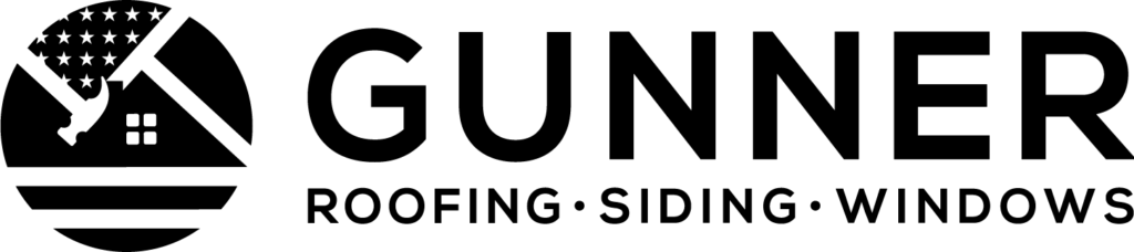 Official black logo lockup for Gunner featuring circular hammer icon and typography GUNNER Roofing Siding Windows