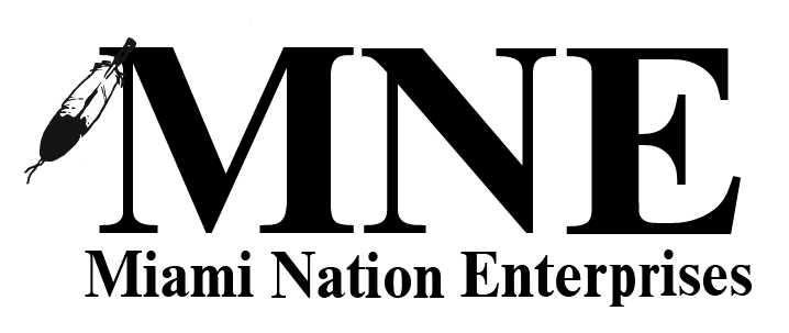 Official black logo lockup for Miami Nation Enterprises featuring feather graphic integrated with MNE serif typography