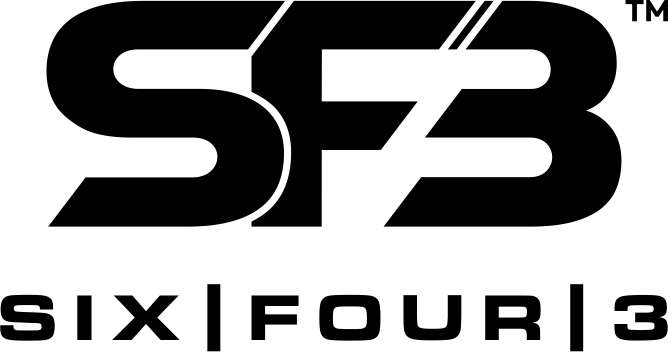 Official black logo lockup for SixFour3 featuring stylized SF3 monogram and SIX FOUR 3 text