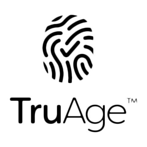 Official black logo lockup for TruAge featuring fingerprint brand mark with checkmark detail above clean typography