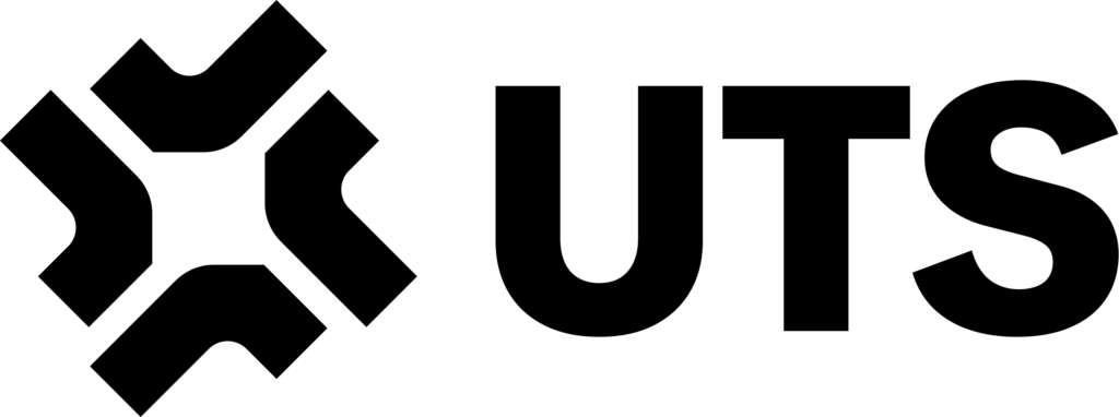 Official black horizontal logo lockup for UTS featuring geometric brand mark and bold uppercase typography