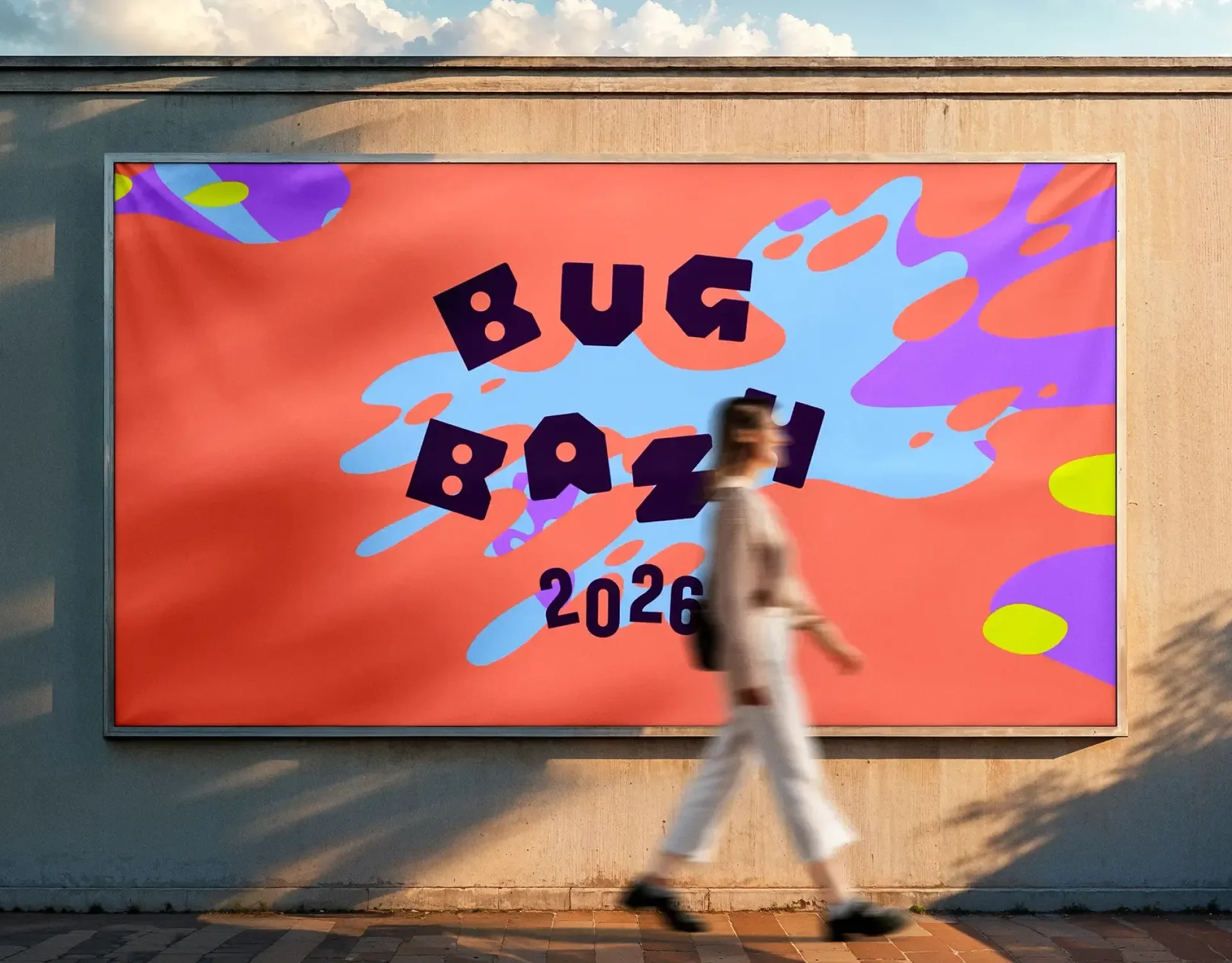 Outdoor billboard display featuring bold vibrant 2D animation graphics for Bug Bash 2026 designed by Washington DC creative agency Design Noon