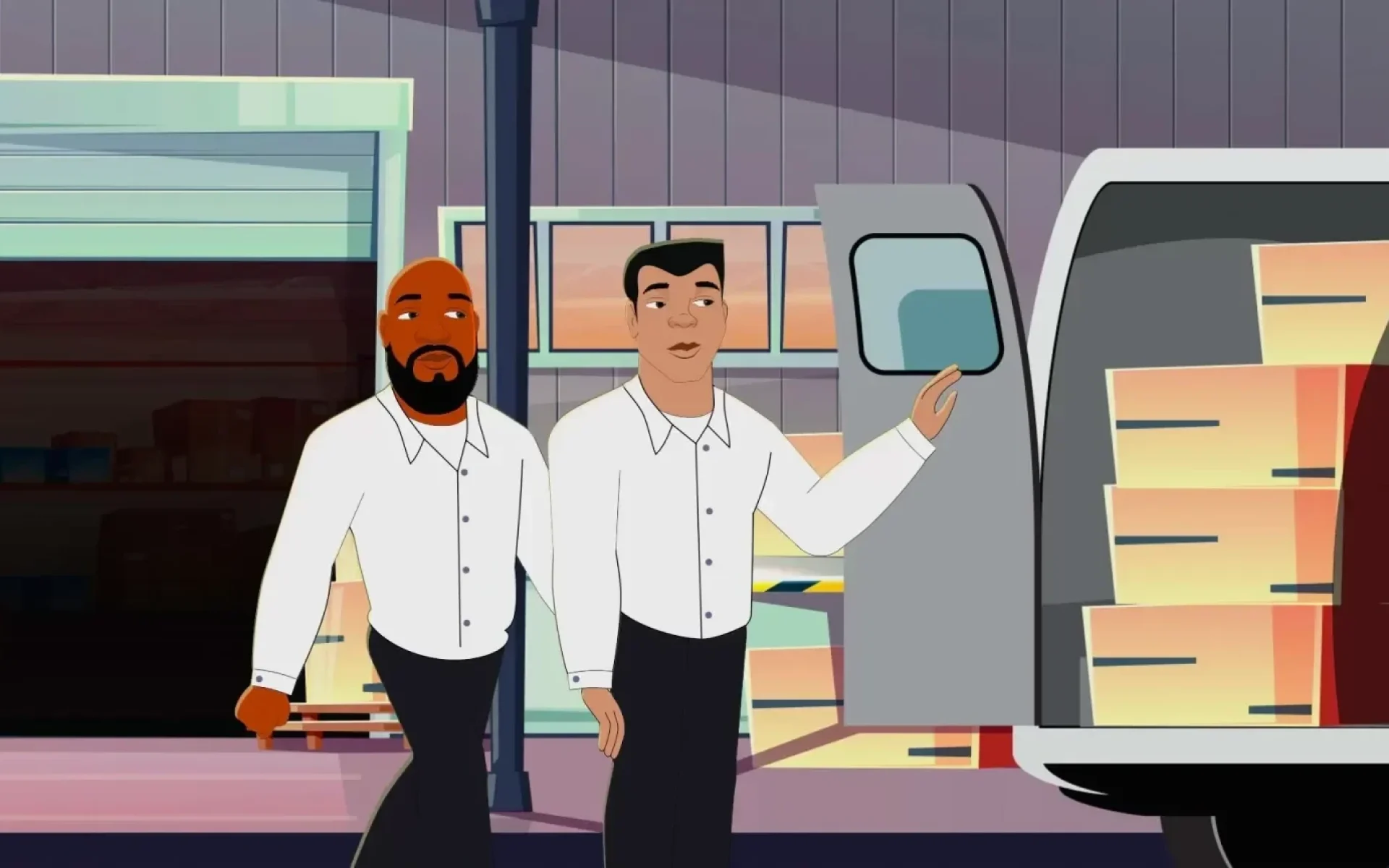 Capital Restaurant Resources 2D animation frame showing workers setting up and working a drop delivery by Washington DC creative agency Design Noon work portfolio