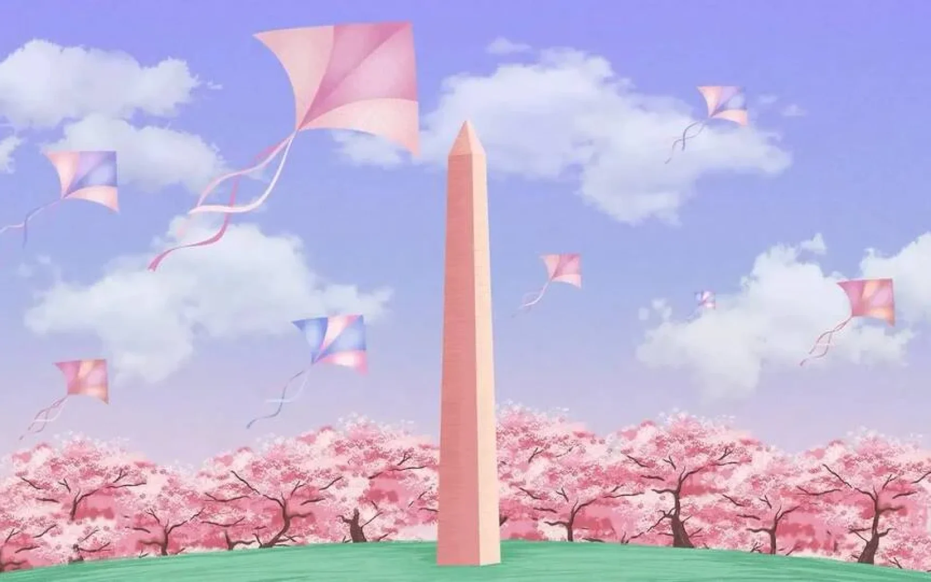 DC Cherry Blossom Festival 2D animation artwork showing Washington Monument and kites created by Washington DC creative agency Design Noon work portfolio